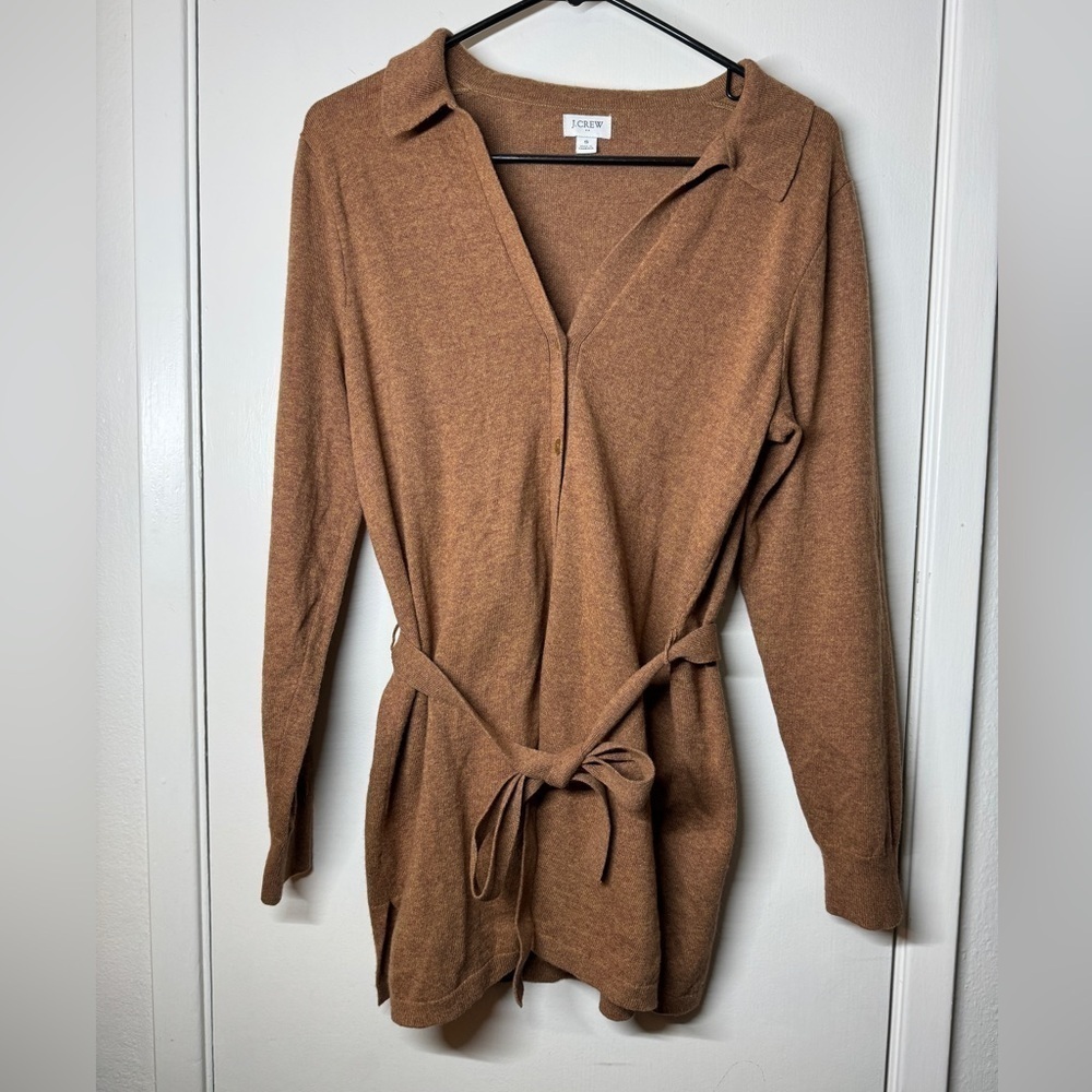 J.Crew Factory Wool Blend Belted Button Front Longline Cardigan Brown Sweater S